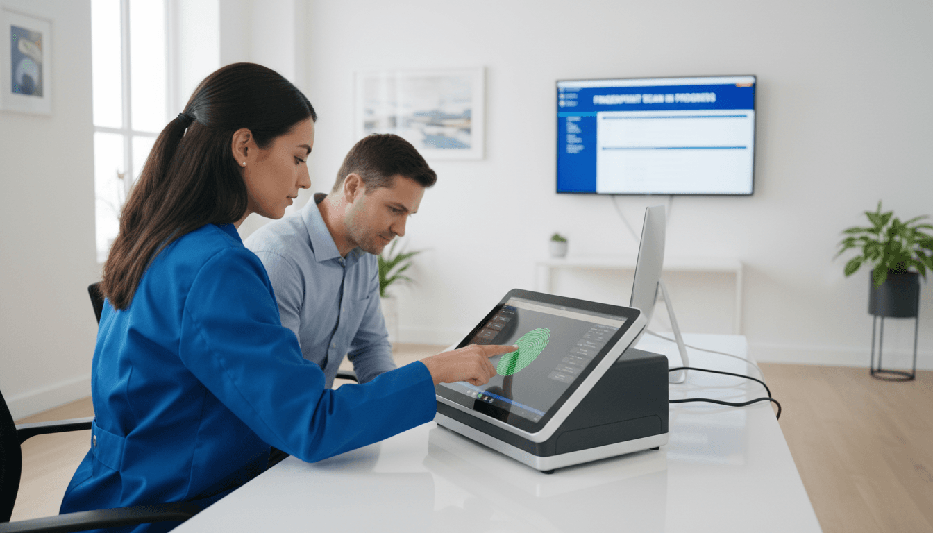 Technician using a digital live scan device to capture fingerprints