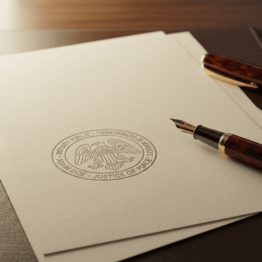 Notary stamp being pressed onto official documents