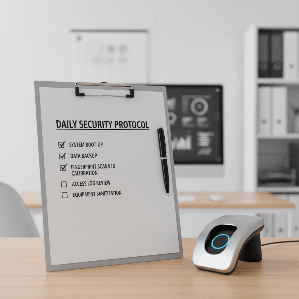 Checklist on a clipboard next to a fingerprint scanner