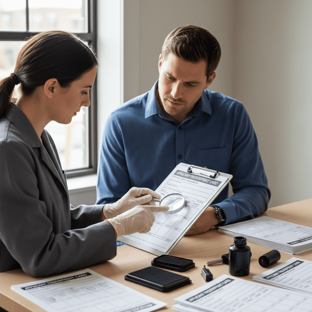 Specialist explaining an FD-258 form to a client at a counter