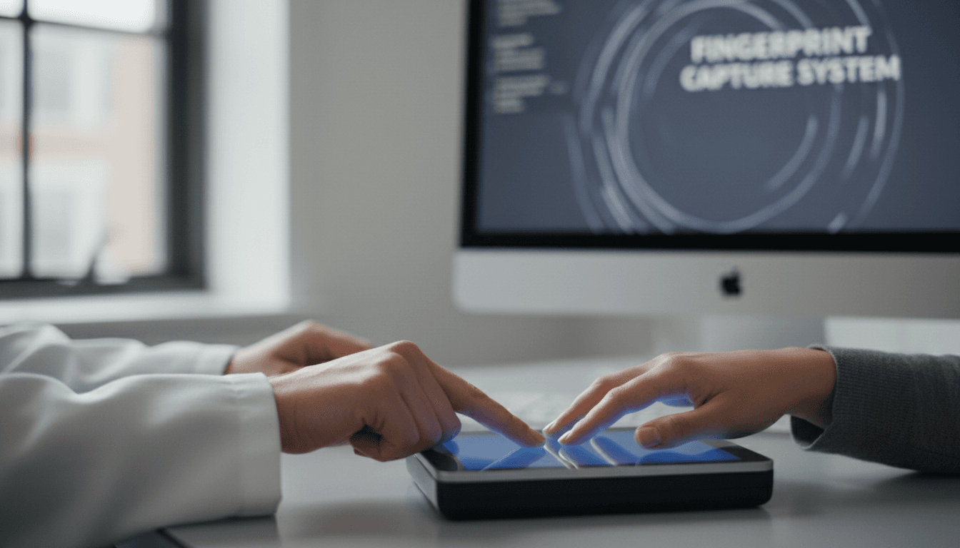 Specialist guiding hands on a digital fingerprint scanner in a bright Medford office