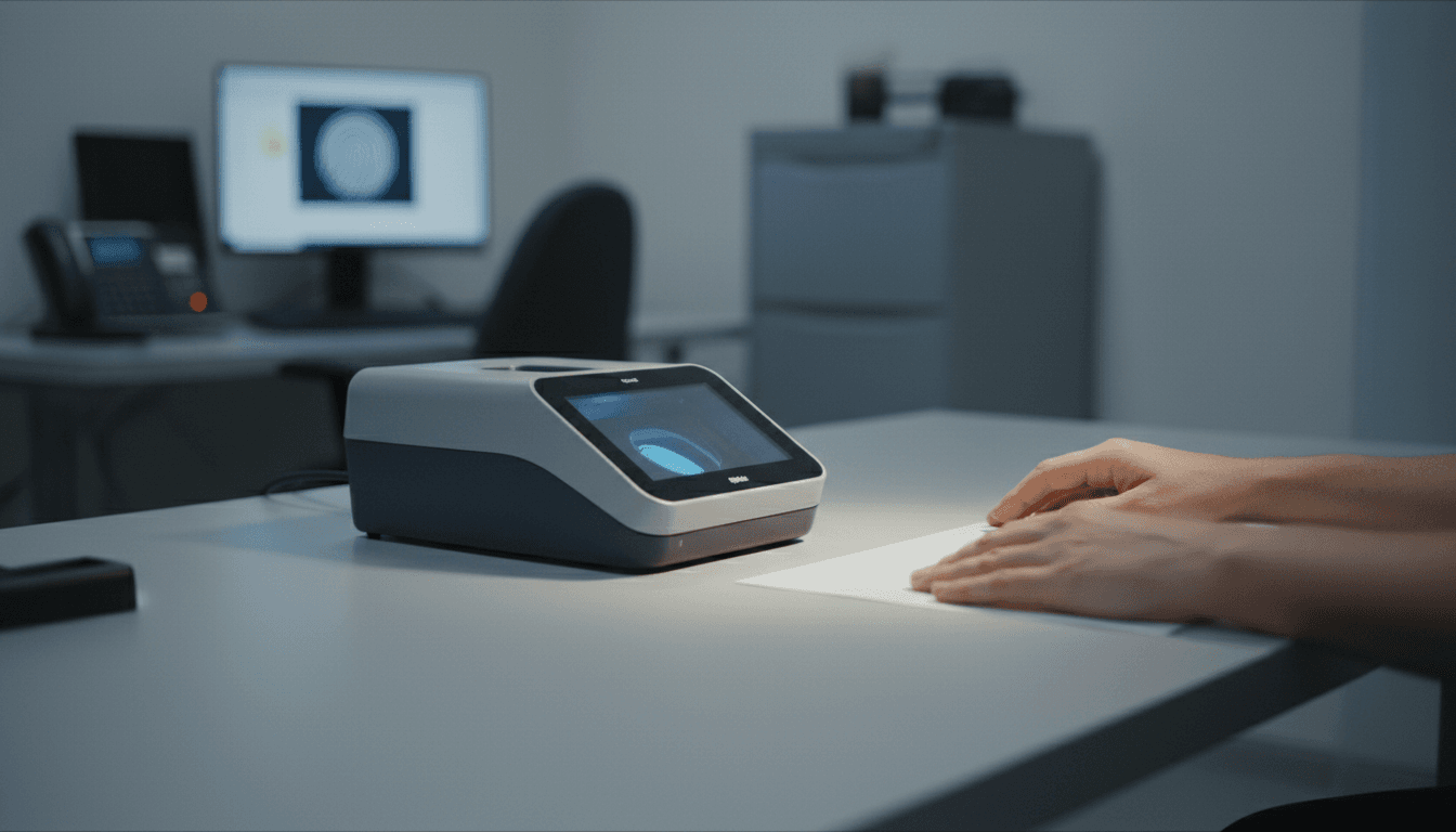 Fingerprinting live scan device on a desk in a clean office setting