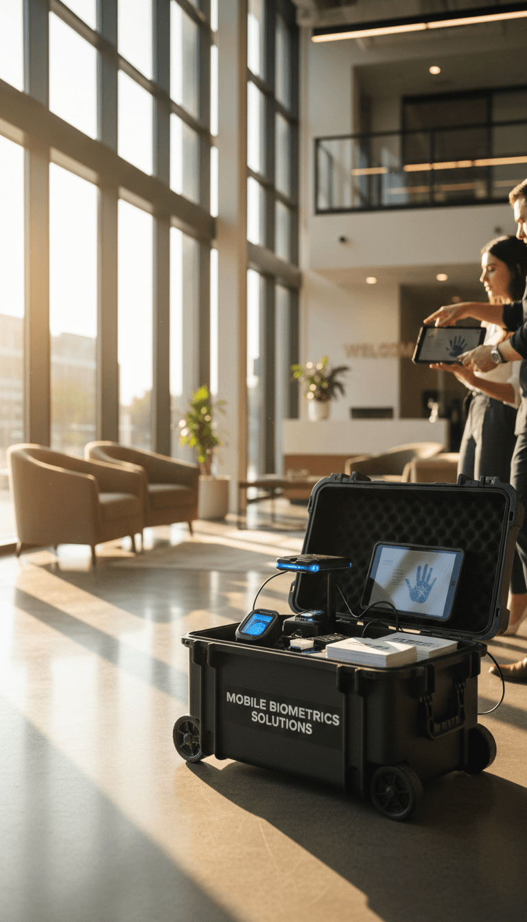Mobile fingerprinting equipment case in an office lobby