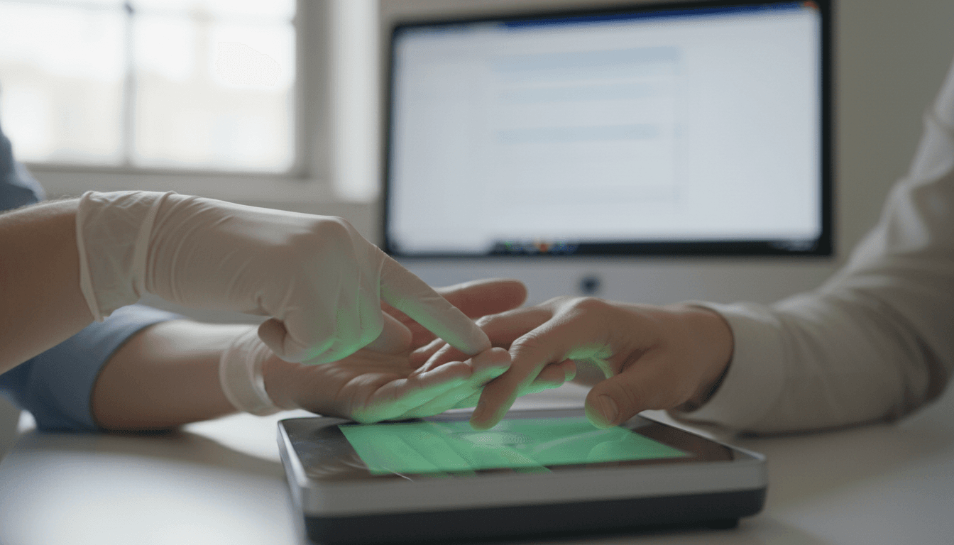Technician guiding a client's hand on a digital fingerprint scanner