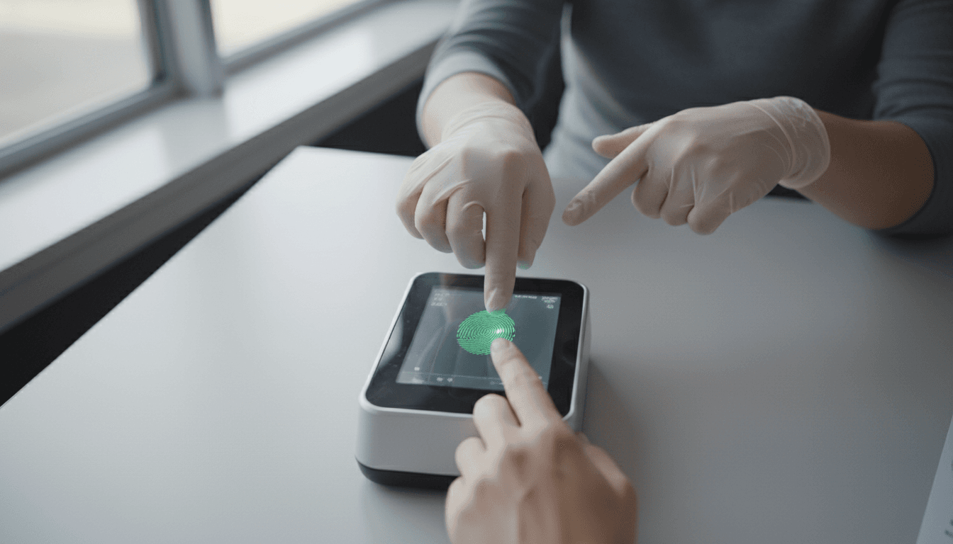 Technician guiding a client's fingers on a digital fingerprint scanner
