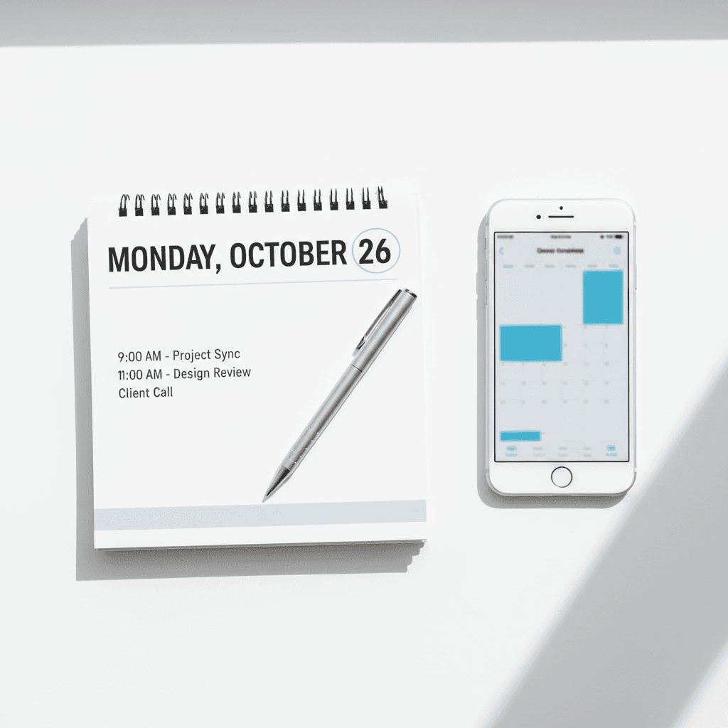 Desk calendar and pen on a clean office desk