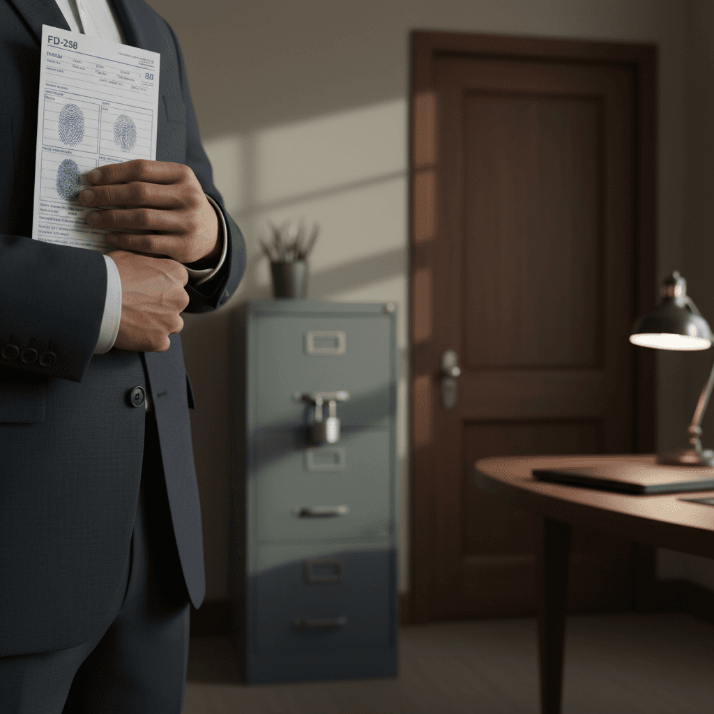 FD-258 card held securely near a locked filing cabinet