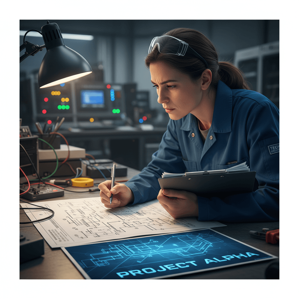 Technician reviewing a printout and making corrections