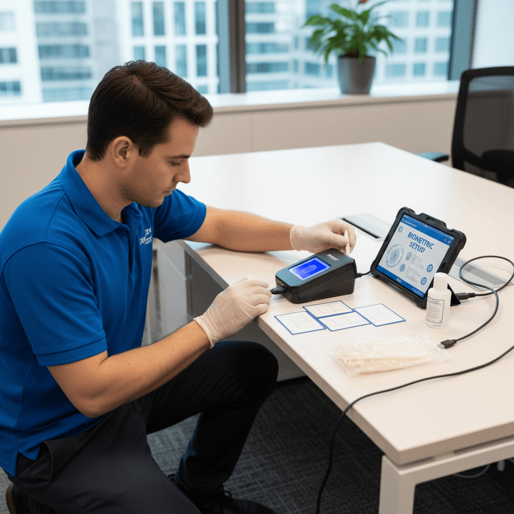 Mobile fingerprinting kit set up on an office desk