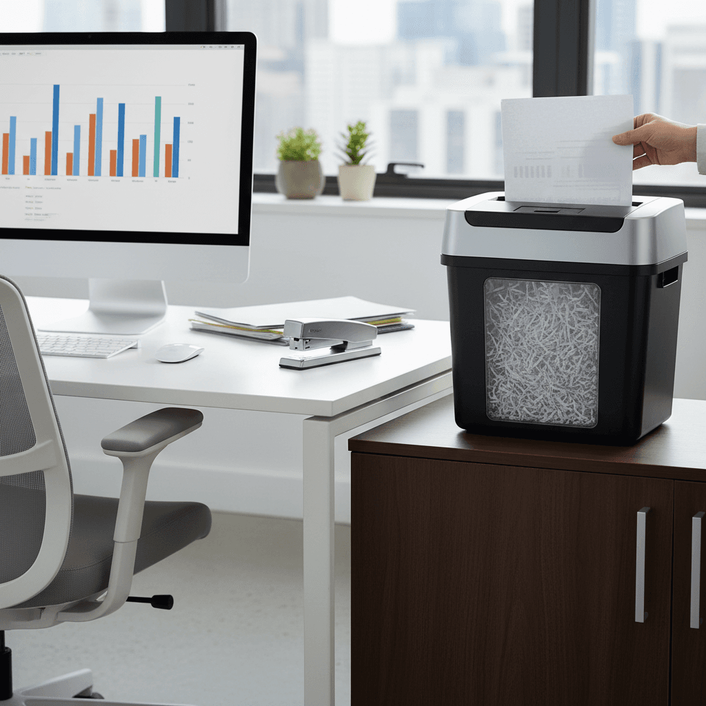 Paper shredder processing documents in an office