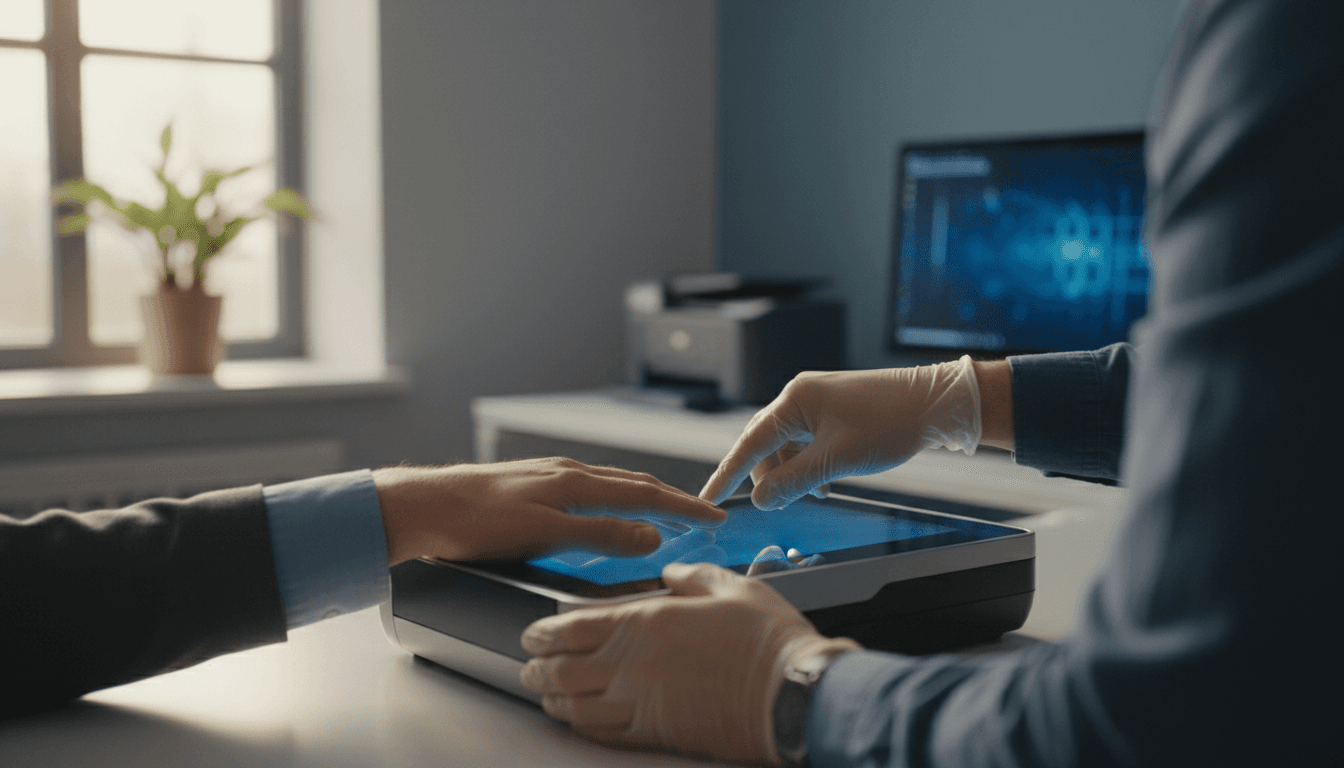 Fingerprint technician guiding a client's hand on a digital livescan device