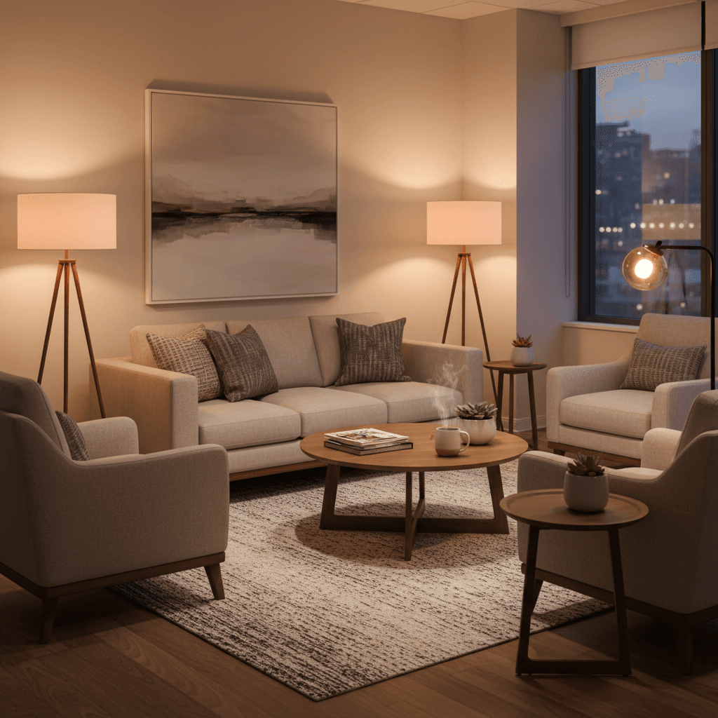 Quiet office waiting area with warm lighting during the evening