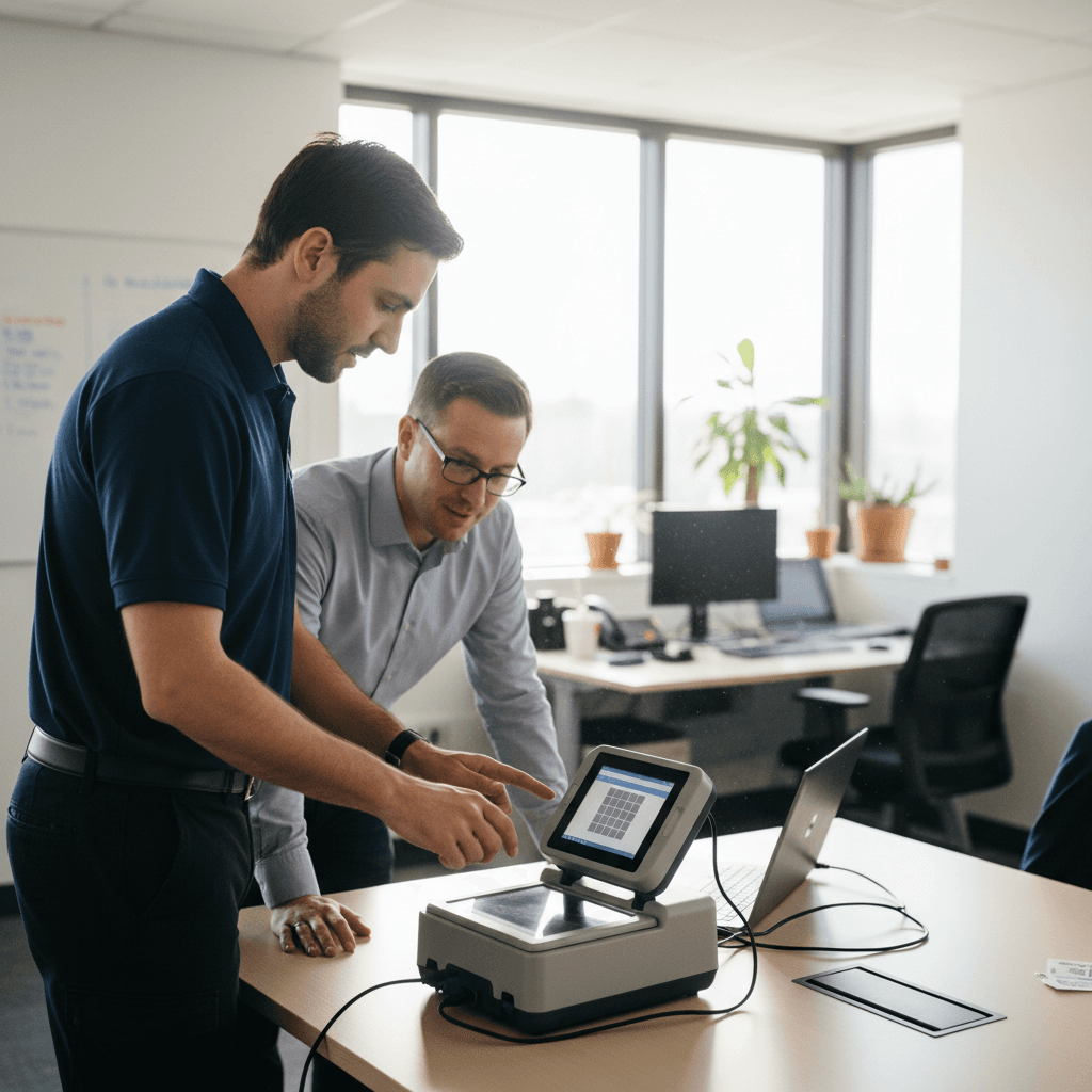 Technician setting up portable live scan fingerprinting equipment in an office