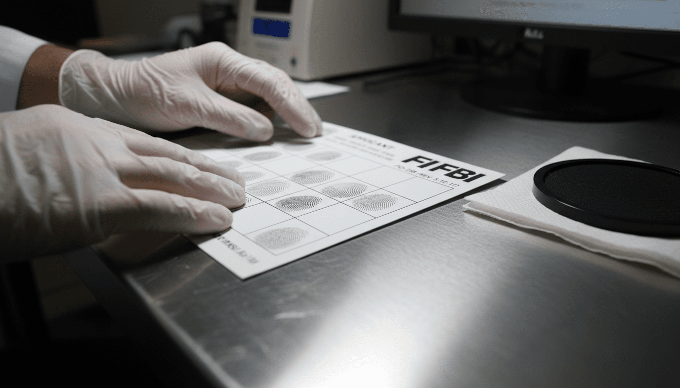 Technician positioning an FD-258 ink card on a professional workstation