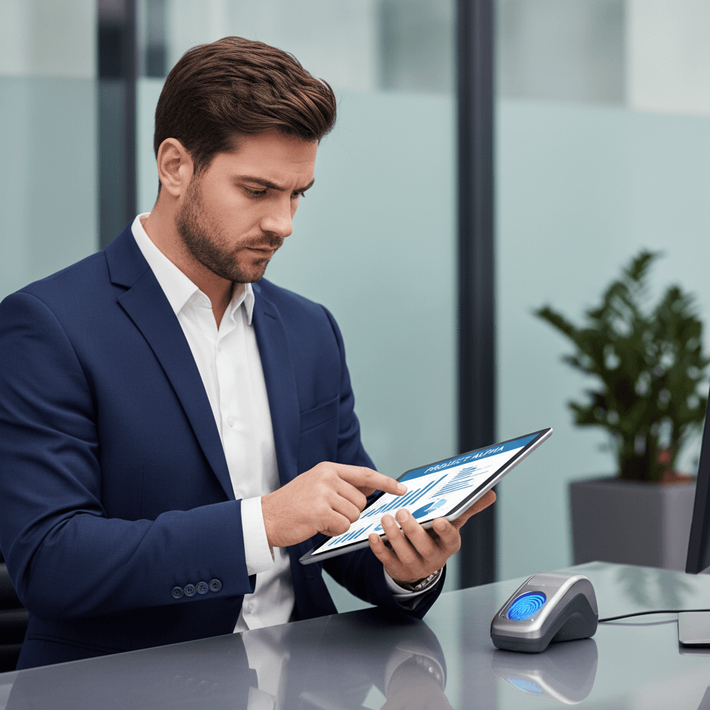 Specialist reviewing an electronic fingerprint file on a tablet device