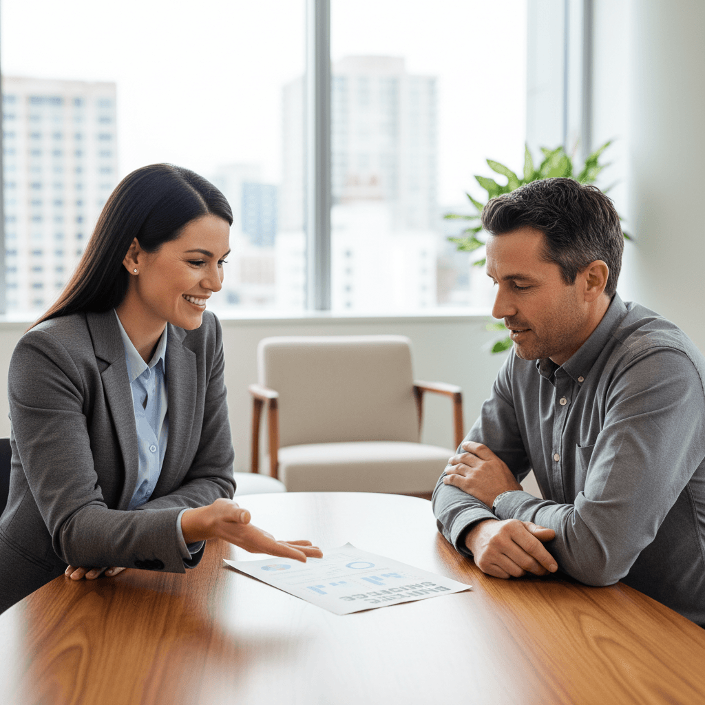 Specialist explaining a document to a client during a consultation