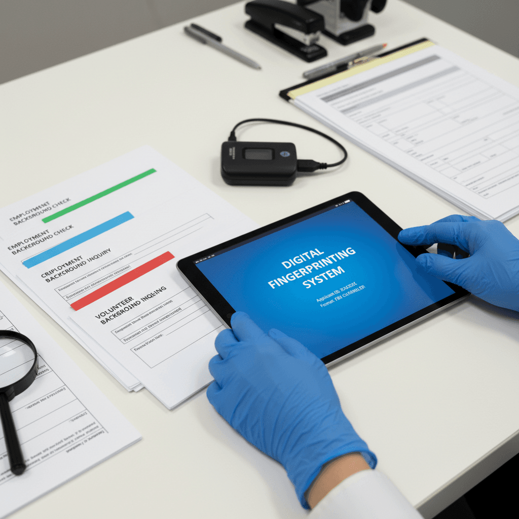 Fingerprint technician preparing forms and digital tablet for various background check formats