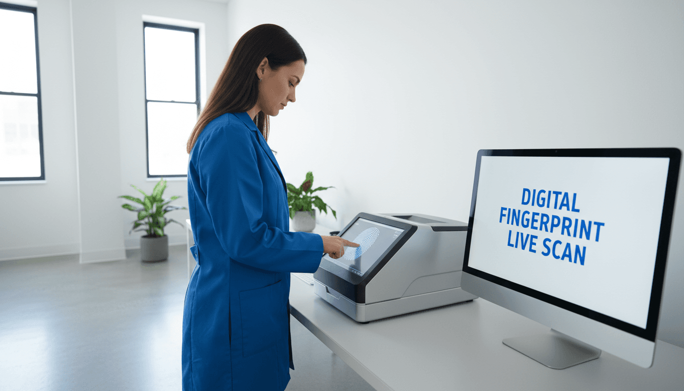 fingerprinting technician operating a live scan machine in a clean office