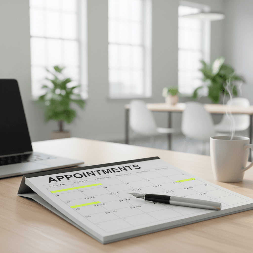 Open appointment calendar with a pen