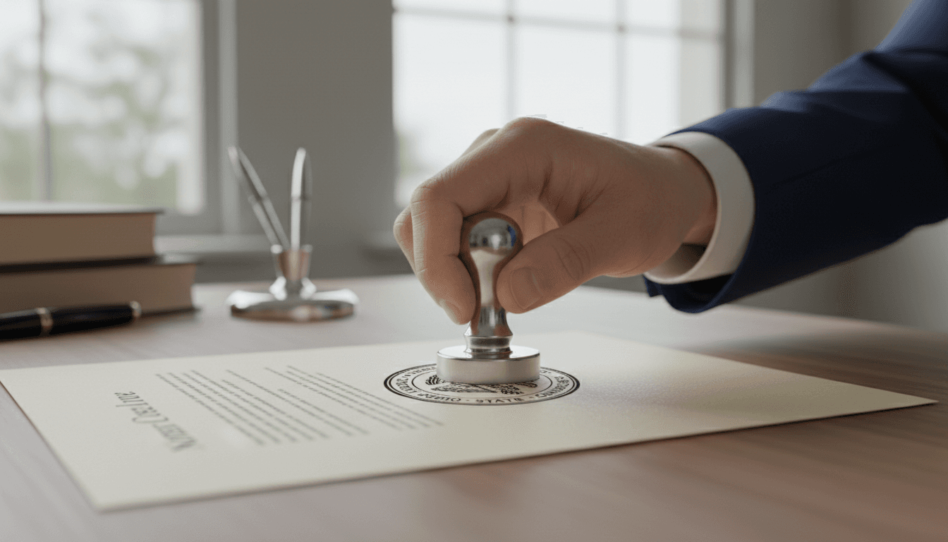 Hand stamping an official document with a notary seal