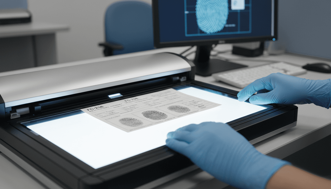 Technician placing an FD-258 fingerprint card into a professional scanner in an office
