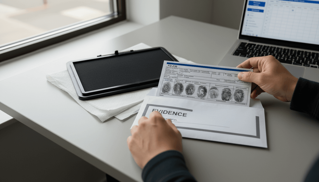 Hands placing a completed fingerprint card into a secure envelope on a neat desk