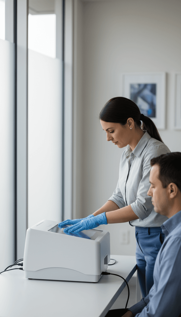 Technician assisting a client with live scan fingerprinting