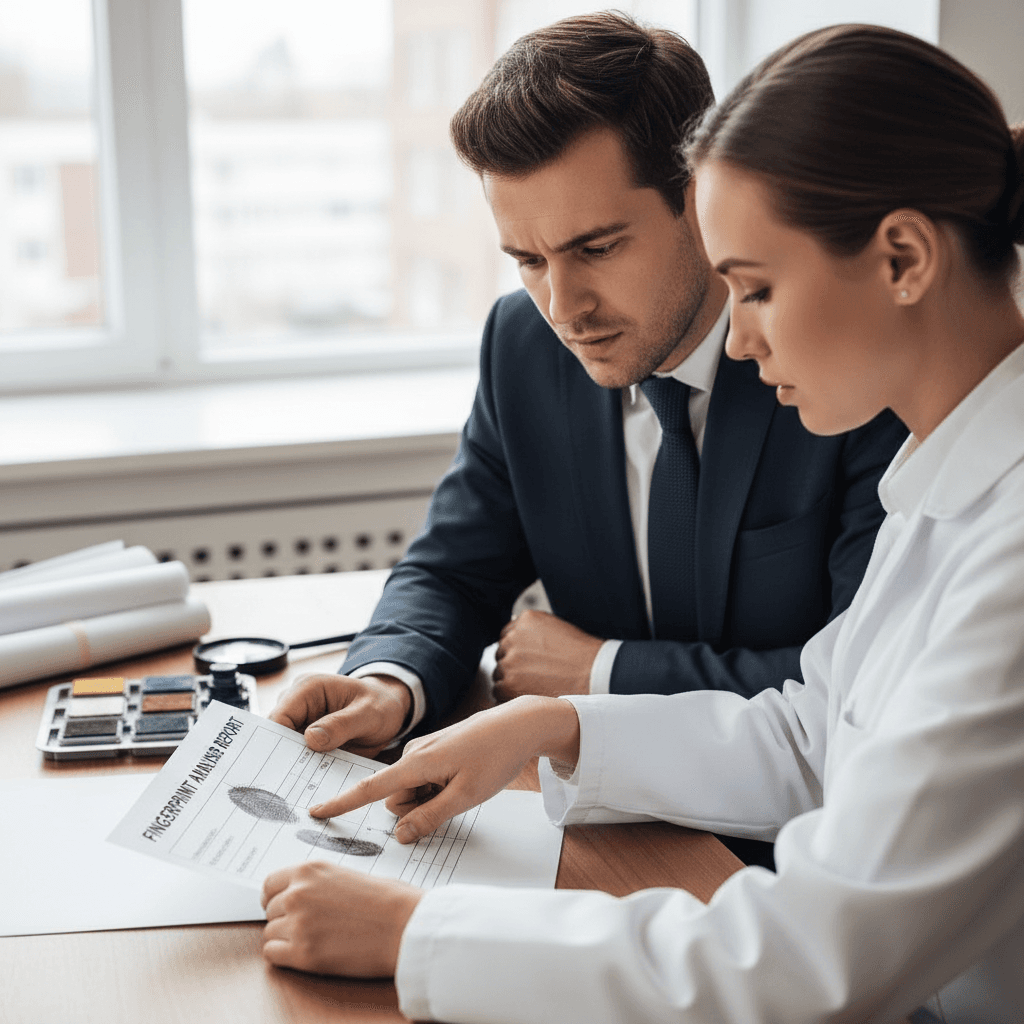 Fingerprint specialist explaining a document to a client at a desk