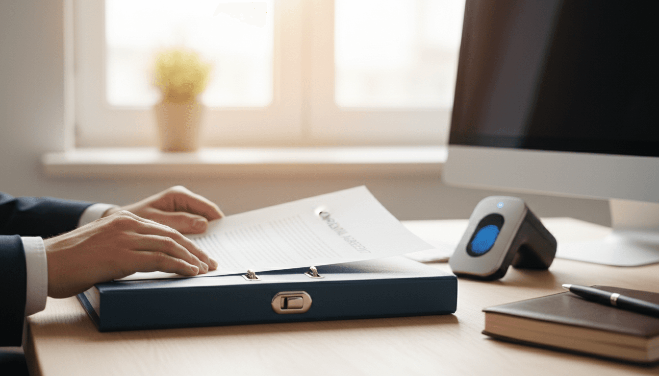 Hands placing documents into a secure folder on a desk