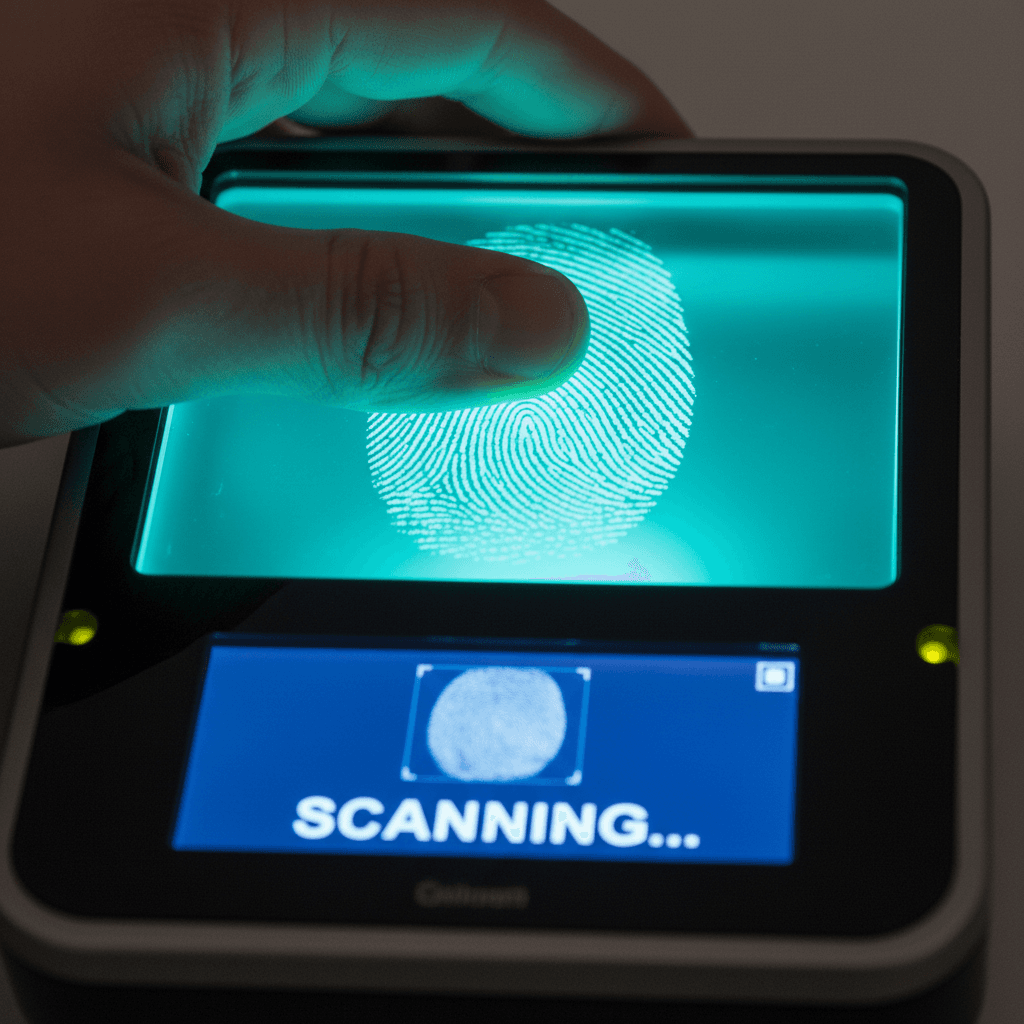 Close-up of a finger pressing on a live scan device