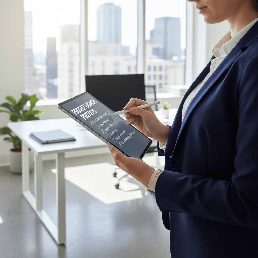 Person checking a service list on a clipboard