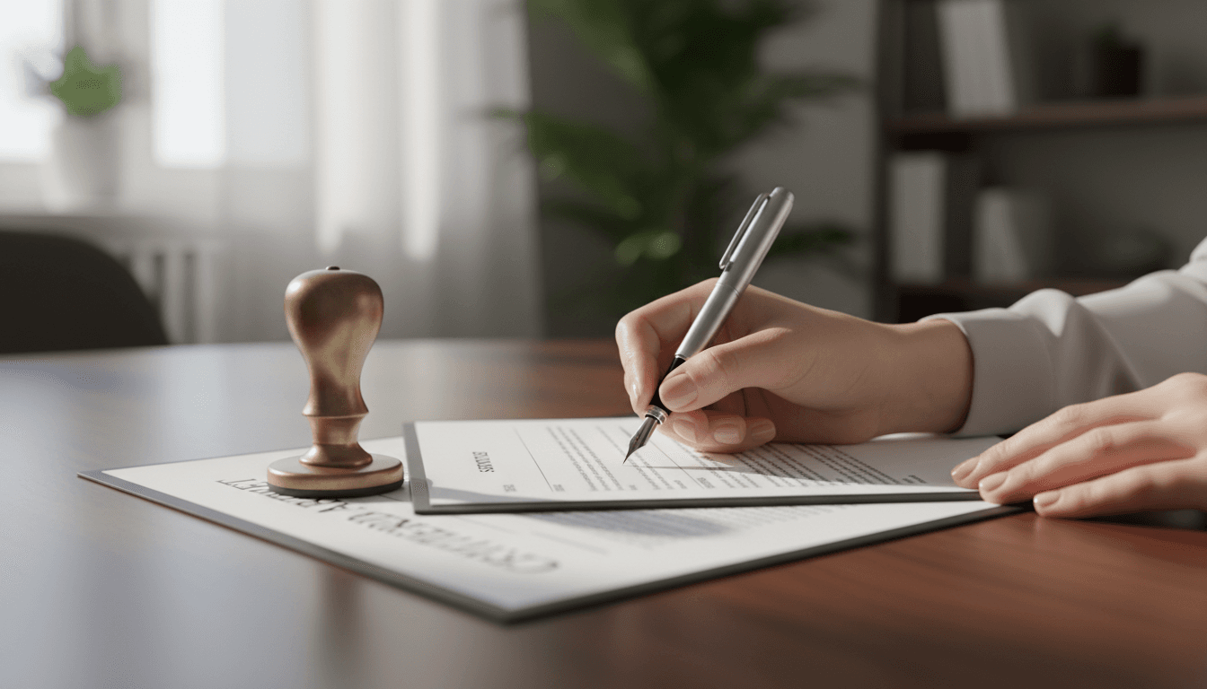 Hand signing a document with a notary seal stamp on the table