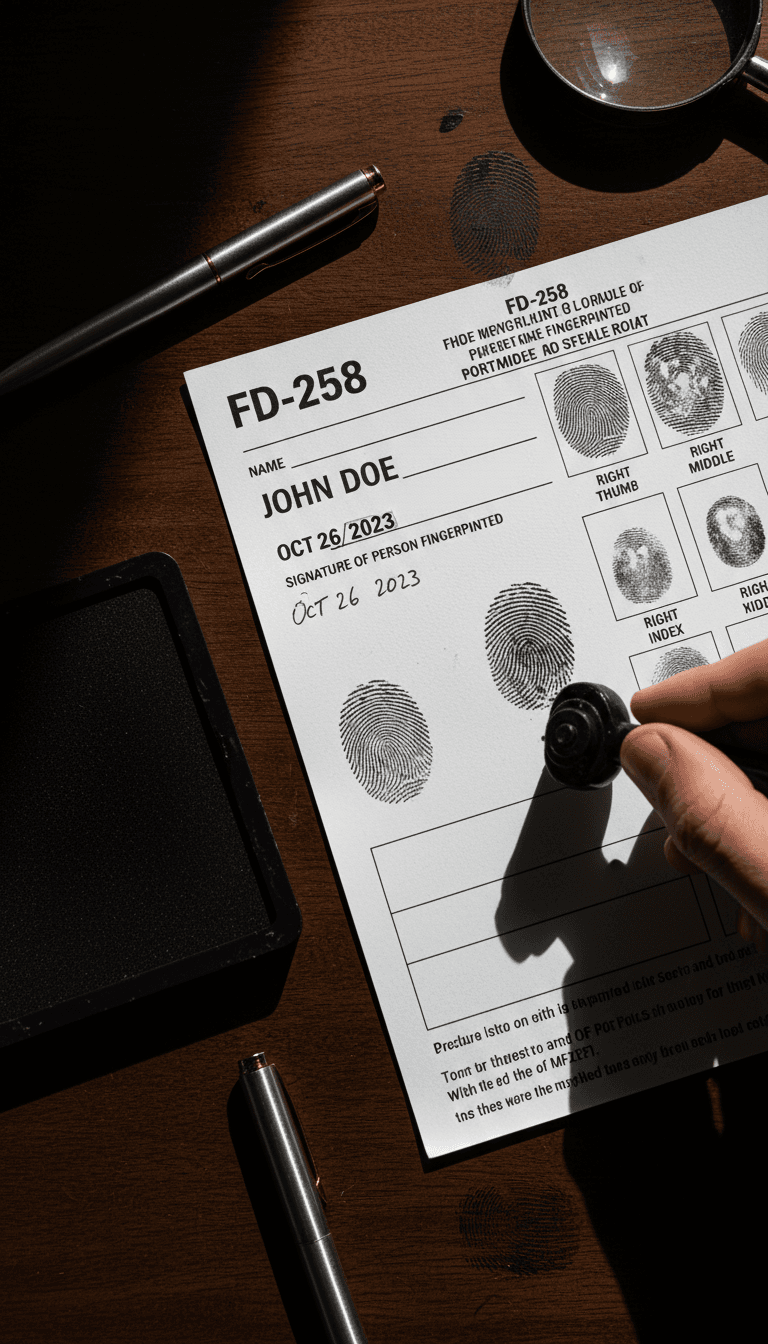 FD-258 ink card preparation on a desk