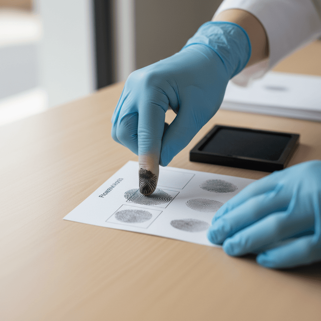 Technician rolling an inked fingerprint onto a paper card