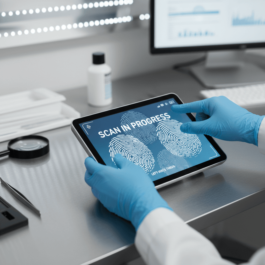 Technician's hands adjusting a digital fingerprint scanner screen