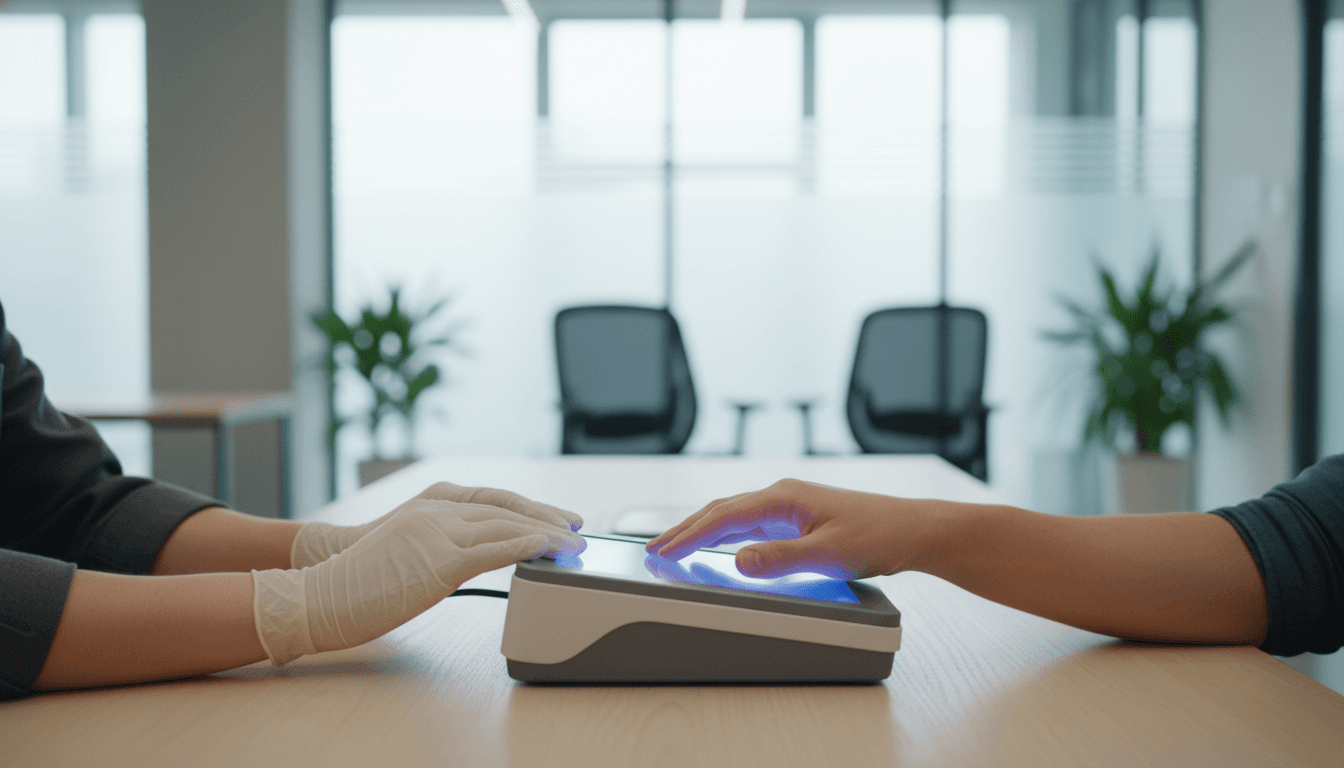 ClearPrint technician guiding a customer's hand on a digital fingerprint scanner