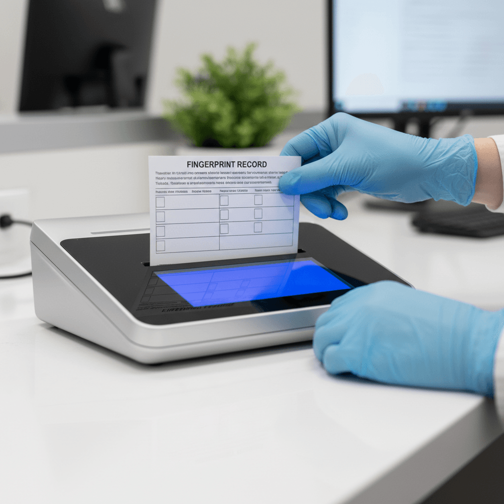 ClearPrint technician positioning a fingerprint card for FDLE live scan submission