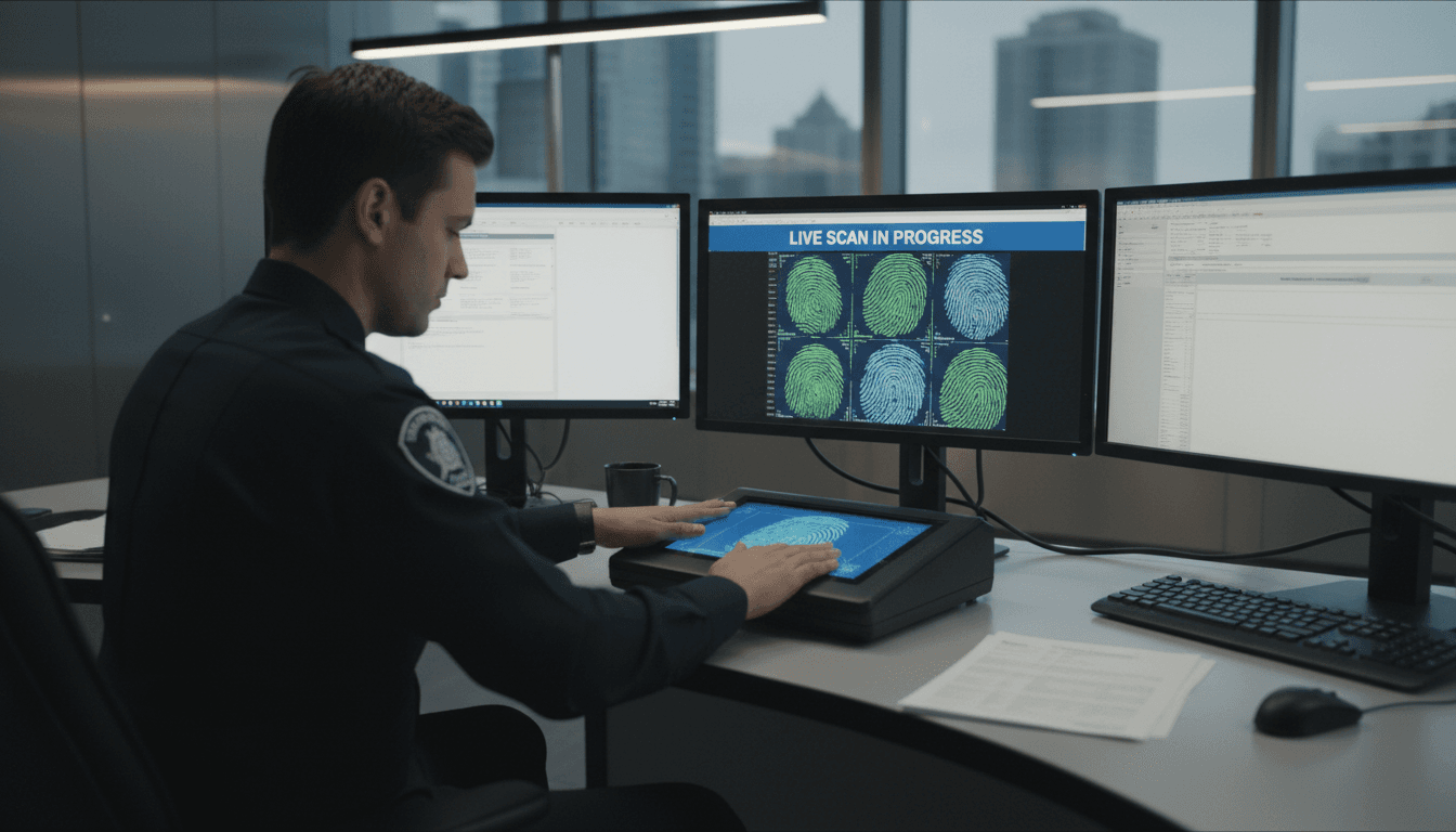Fingerprinting technician operating a live scan device at a clean, professional office desk