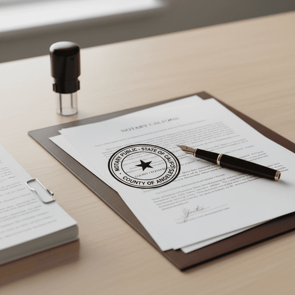 Top-down view of notary documents and stamp ready for signing