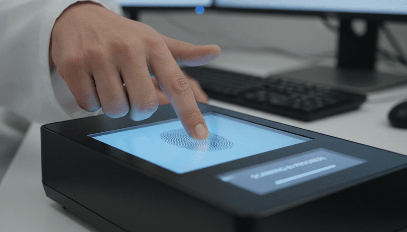 Specialist guiding an applicant through electronic fingerprinting in a clean, bright office