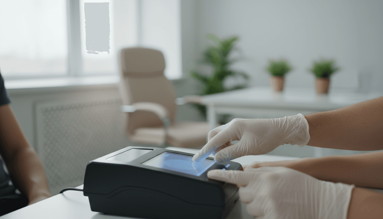 Technician guiding a person's hand on a digital fingerprint scanner