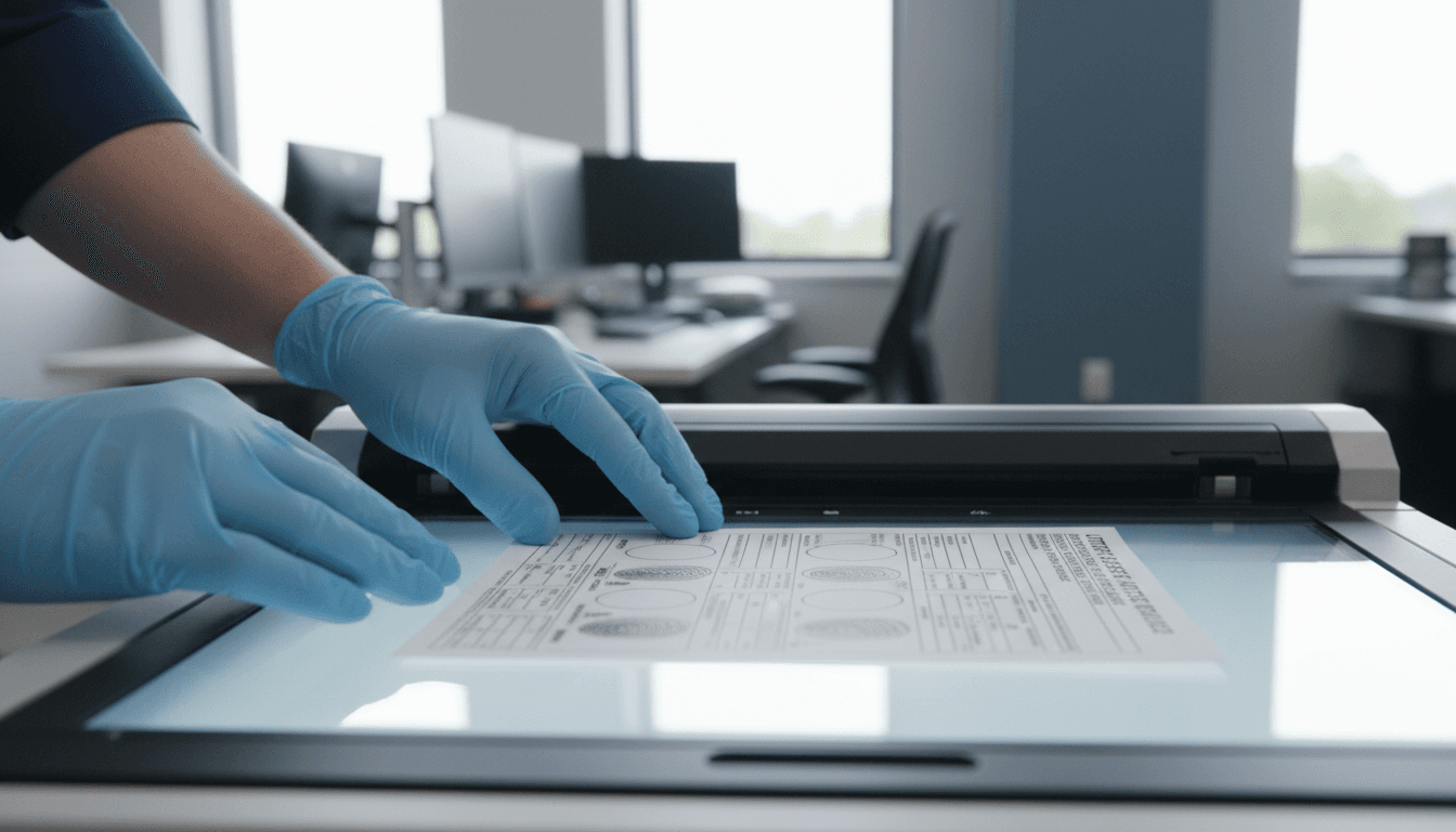 Technician places an FD-258 fingerprint card into a document scanner for electronic conversion
