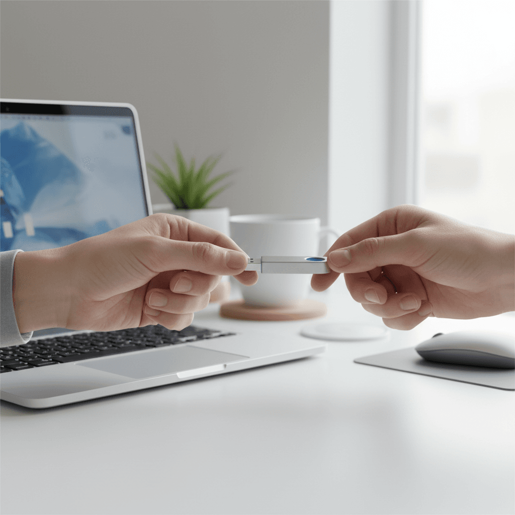 Hand holding a USB drive near a laptop on a clean desk
