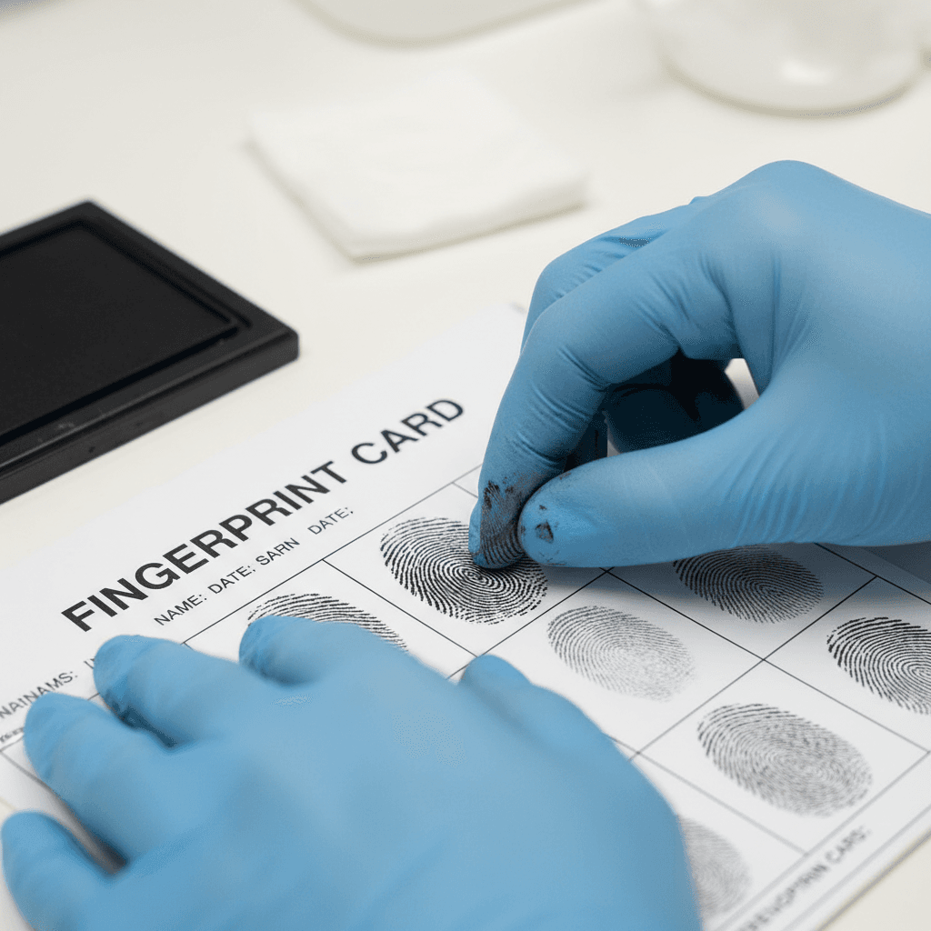 Hands rolling an inked finger onto an FD-258 card