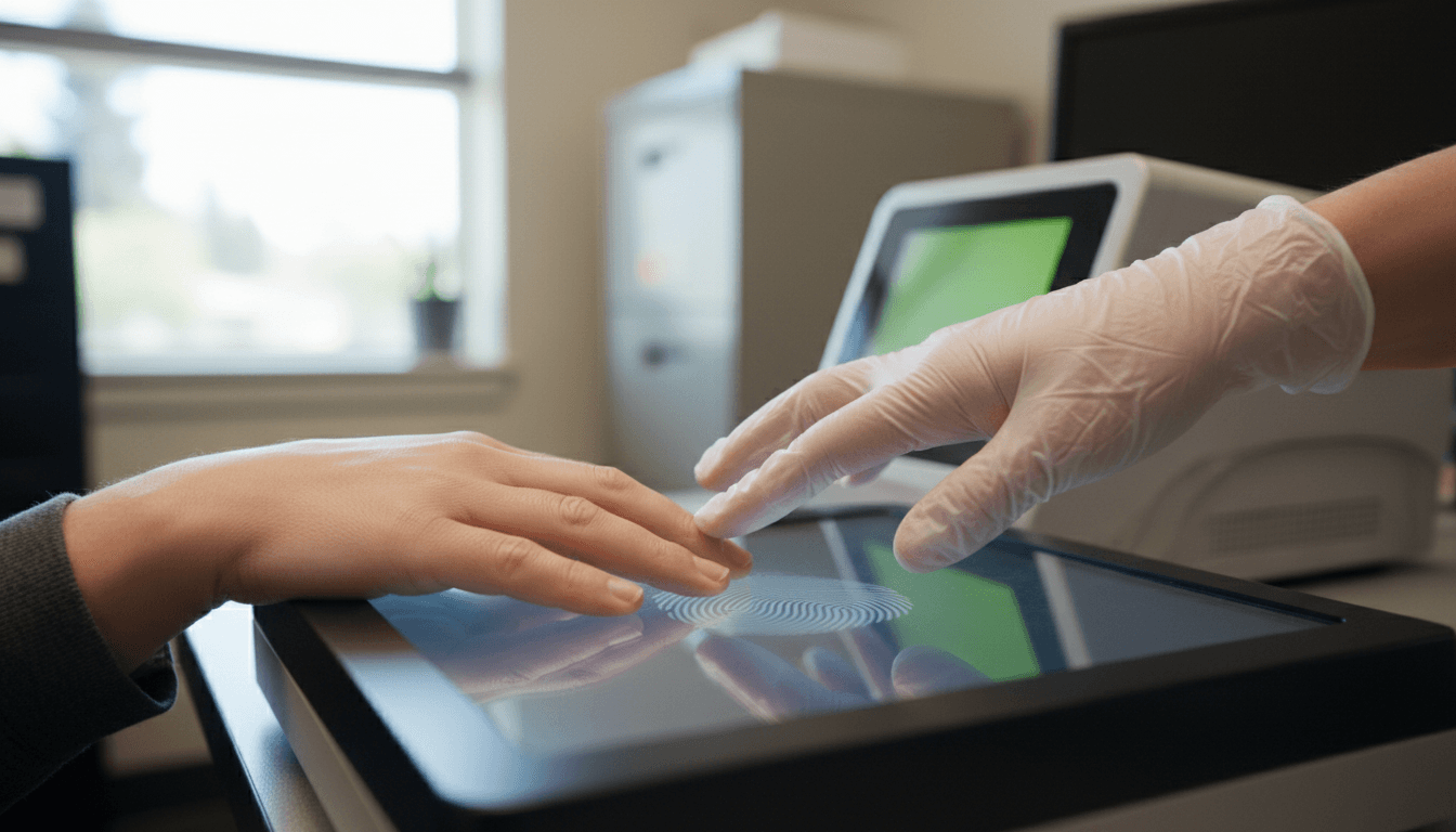 Technician guiding a client's hand on a digital fingerprint scanner