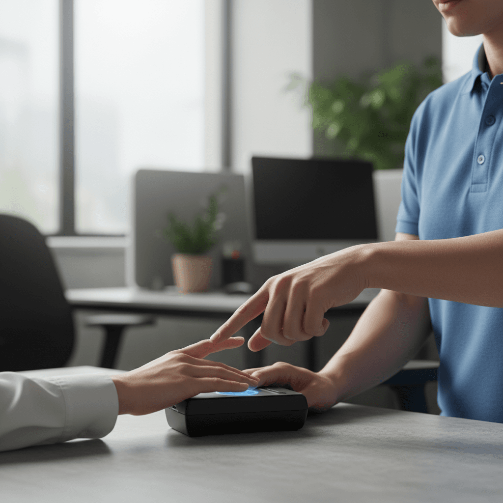 Technician guiding employee's hand on a digital fingerprint scanner at a workplace