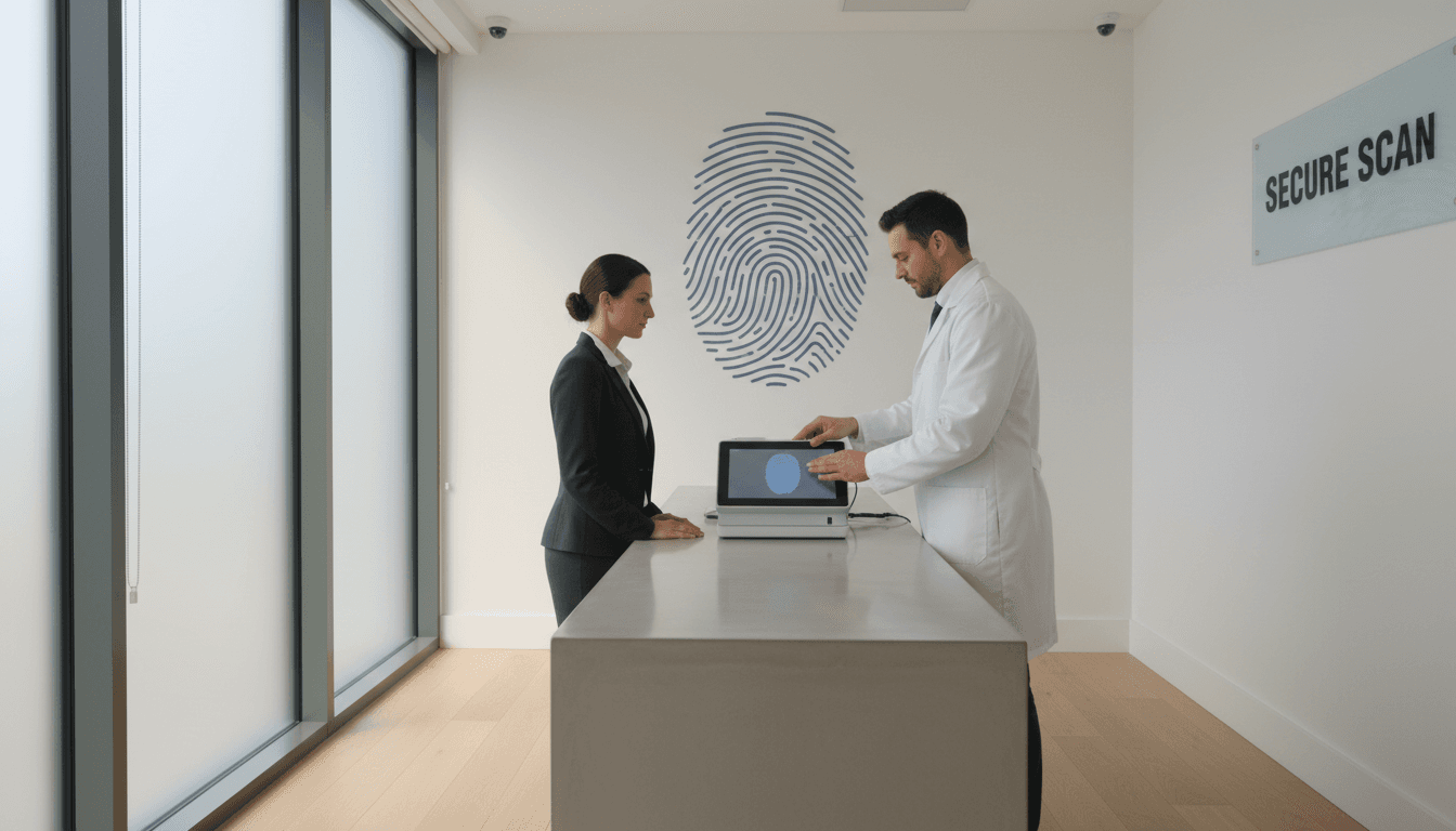 Technician guiding a client's hand on a digital fingerprint scanner
