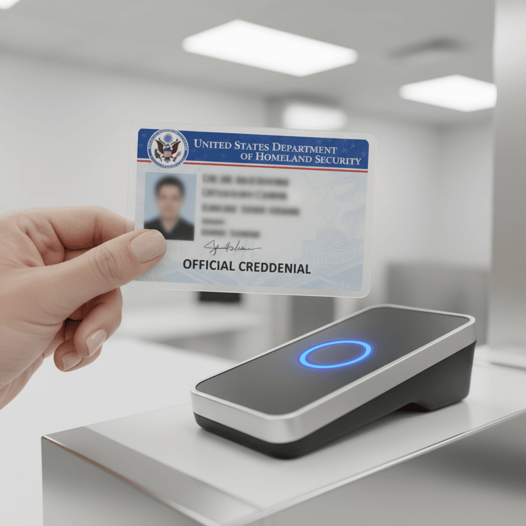 Person holding an ID card next to a fingerprint scanner
