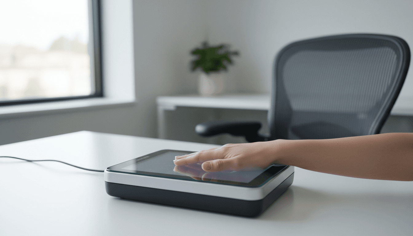 Clean fingerprinting workstation with a live scan device in a bright office