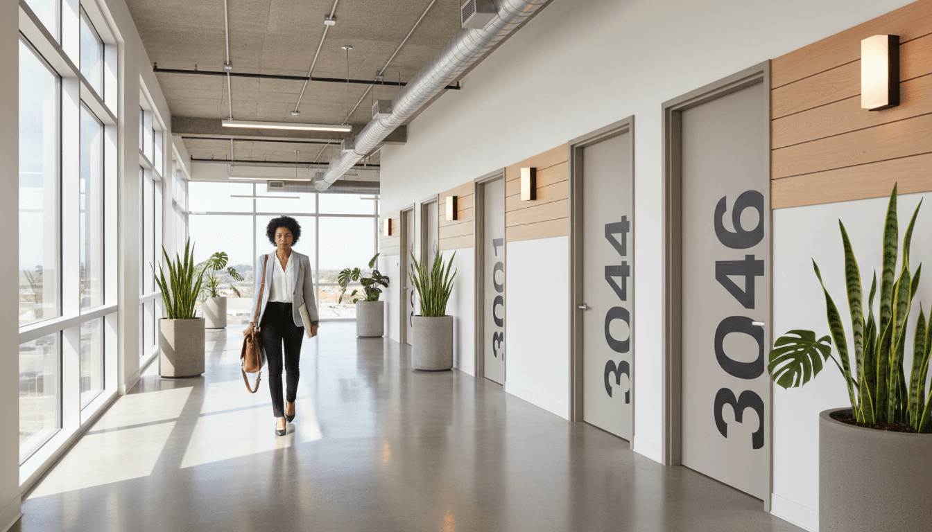 Professional walking down a bright, modern office corridor lined with numbered commercial rental unit doors, natural light from windows